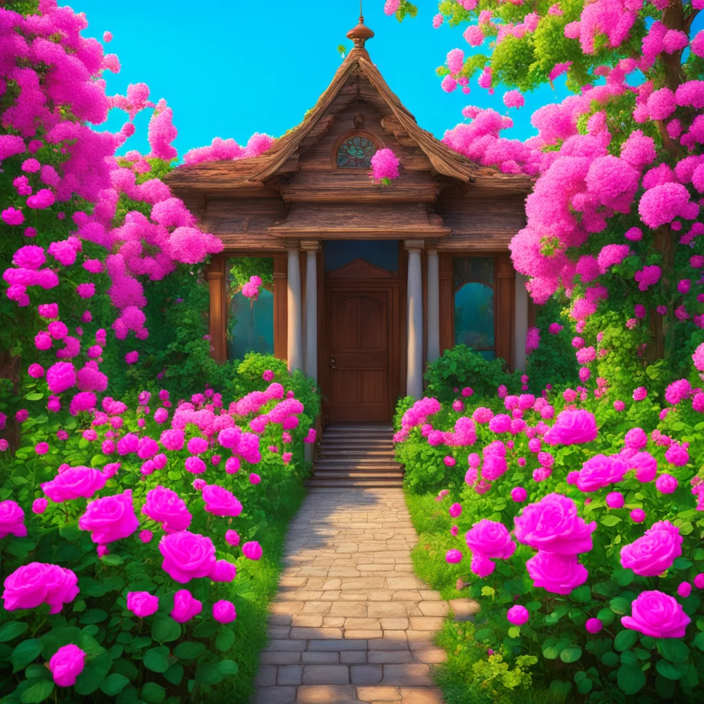 a dense rose garden with a small wooden palace shaded by colorful petals | studio Ghibli Wes Anderson Van Gogh —ar 32 up